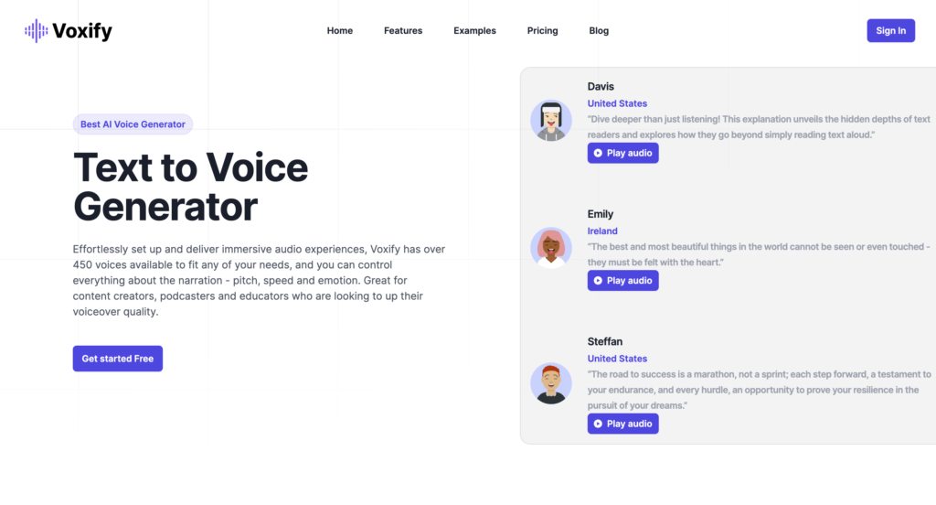 Voxify webpage showcasing text-to-voice generation with 450+ customizable voices, user testimonials, and a "Get Started Free" call-to-action button.